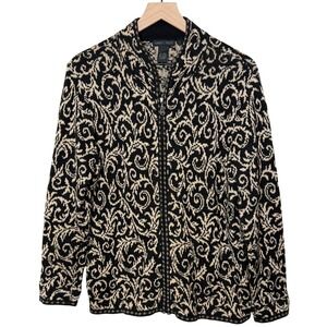 Nomadic Traders Black Tan Pattern Zip Up Cardigan Sweater Women's Large‎ Boho